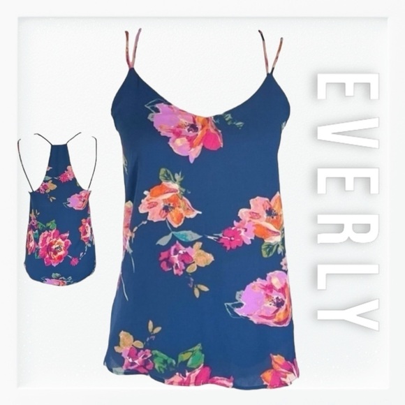 Everly Navy Floral Strappy Racer Back Top sz S - Picture 1 of 12